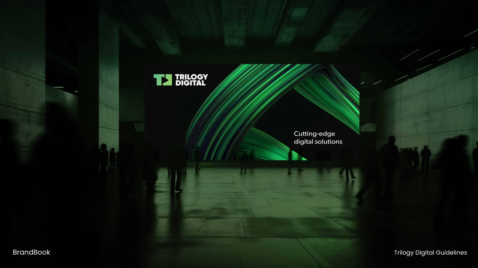 Trilogy Digital: הלוגו על מסך במה, מתוך ספר המותג